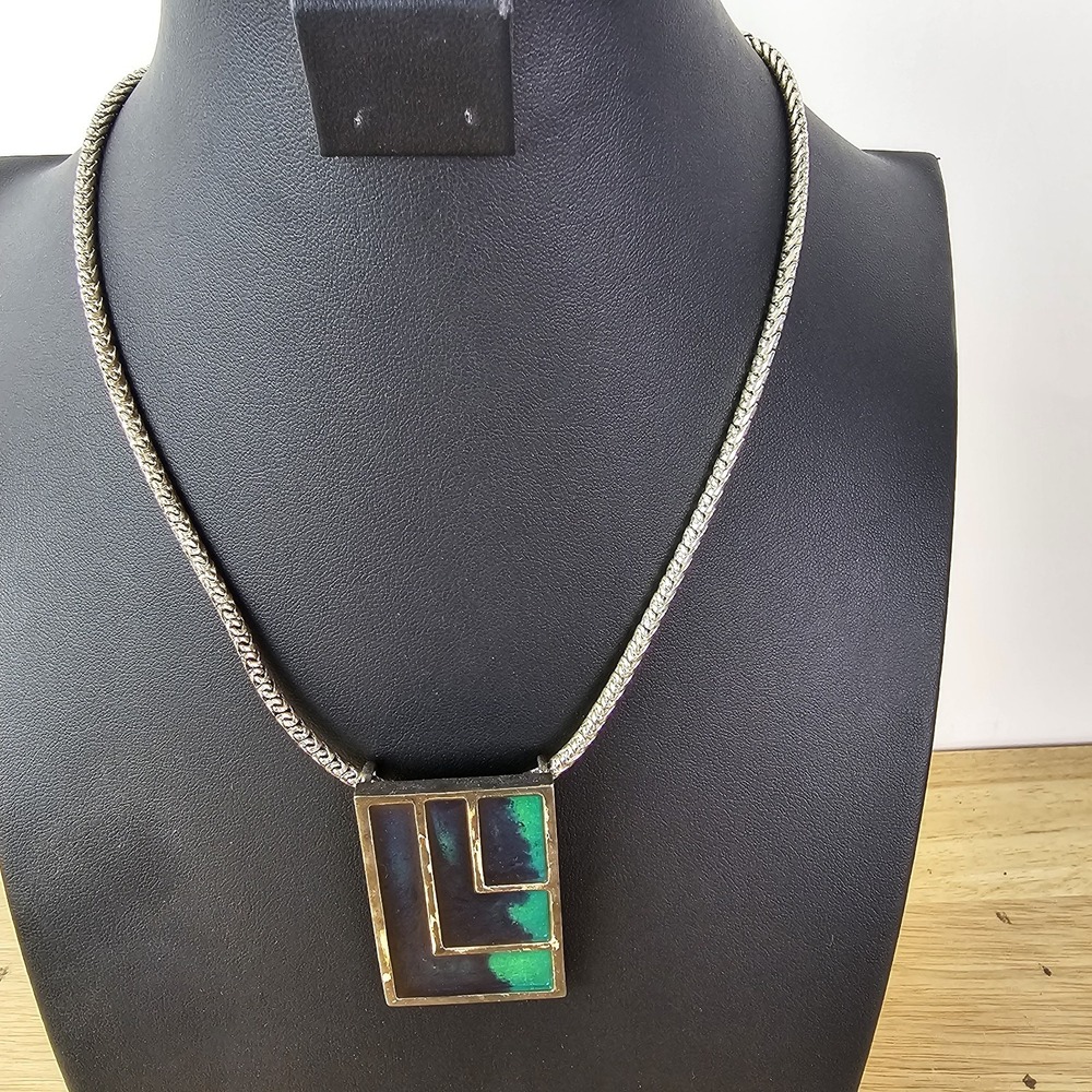 Chicos Abstract Necklace Pendant Gemstone Blue Enamel Bohemian‎ Rectangle